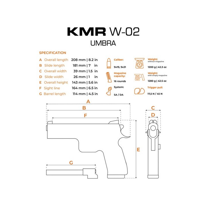 pistolet semi-automatique KMR - W-02 Umbra 4.5 - 9x19